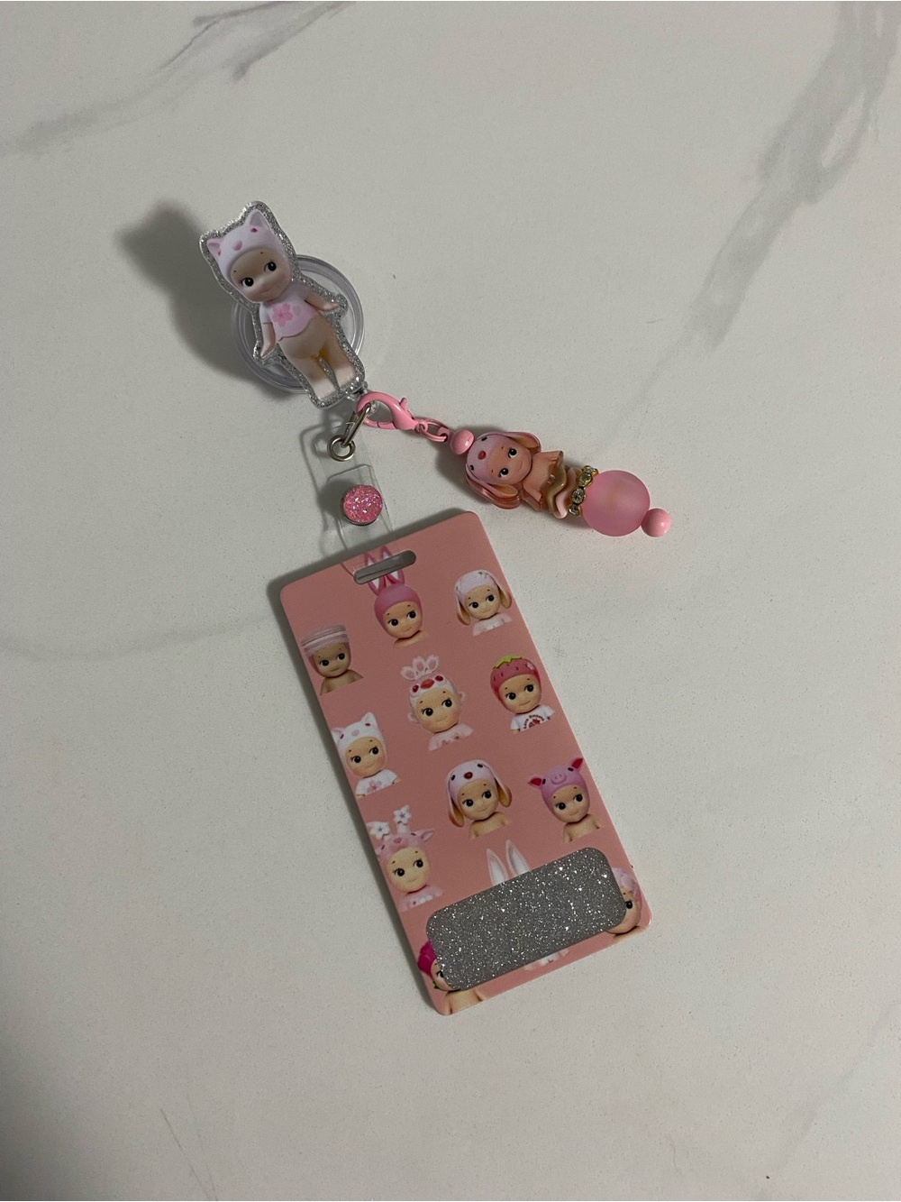 Pink Cute Doll Charm ID Badge Holder with Beaded Accent